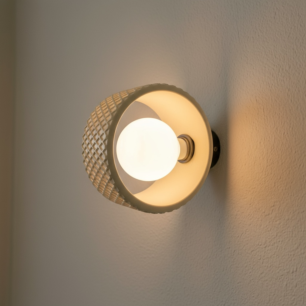 Wall sconce fixture with textured design on a neutral wall.