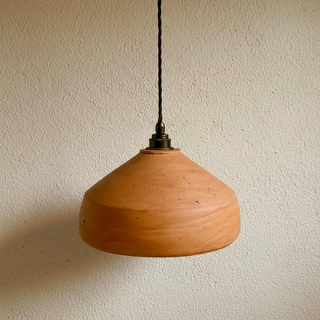 Terracotta pendant light hanging against a plain wall