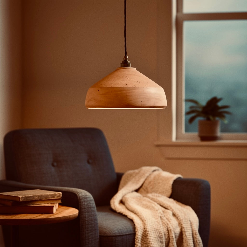 Cozy living room with a handmade plaster pendant lamp, armchair, and small table.
