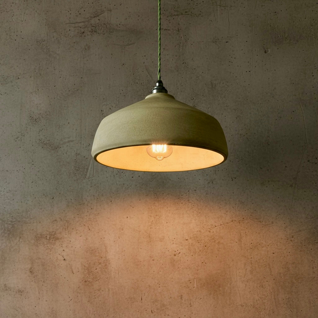 Green pendant light hanging against a textured wall