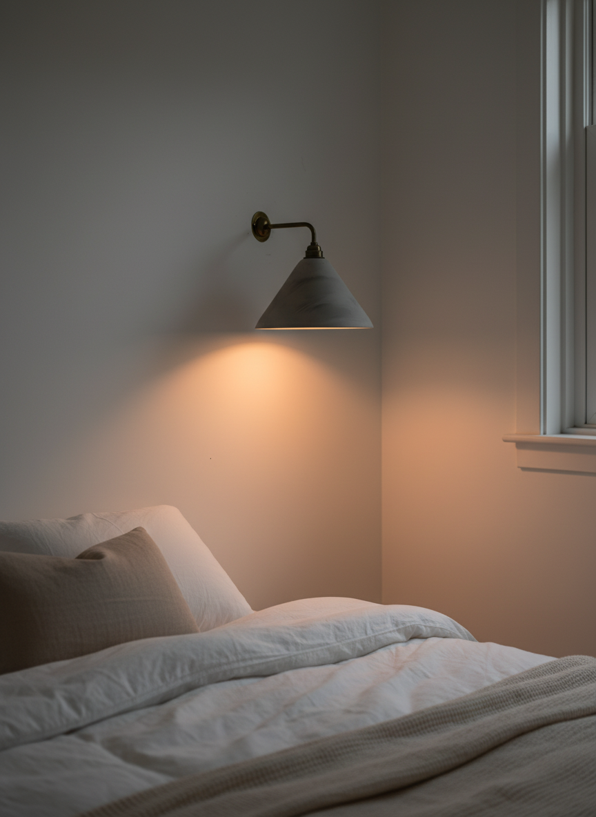 Bedroom with a wall-mounted lamp casting light on the wall.