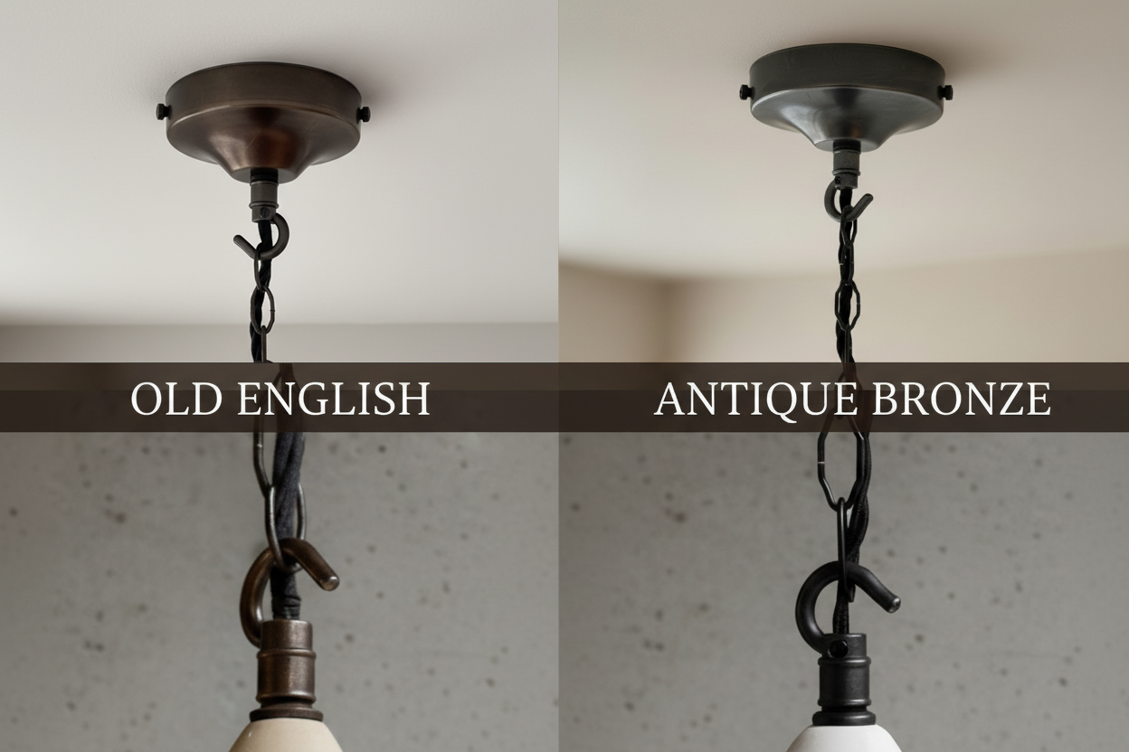 Two pendant lights labeled 'Old English' and 'Antique Bronze' against a neutral background.