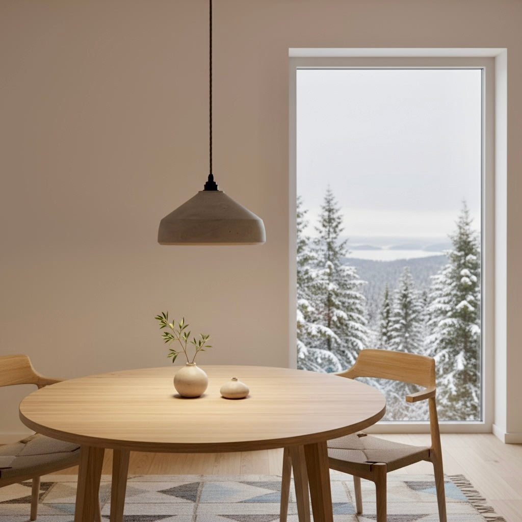 Hand-crafted pendant light with Dining room with a round wooden table and chairs, featuring a large window with a snowy landscape view.