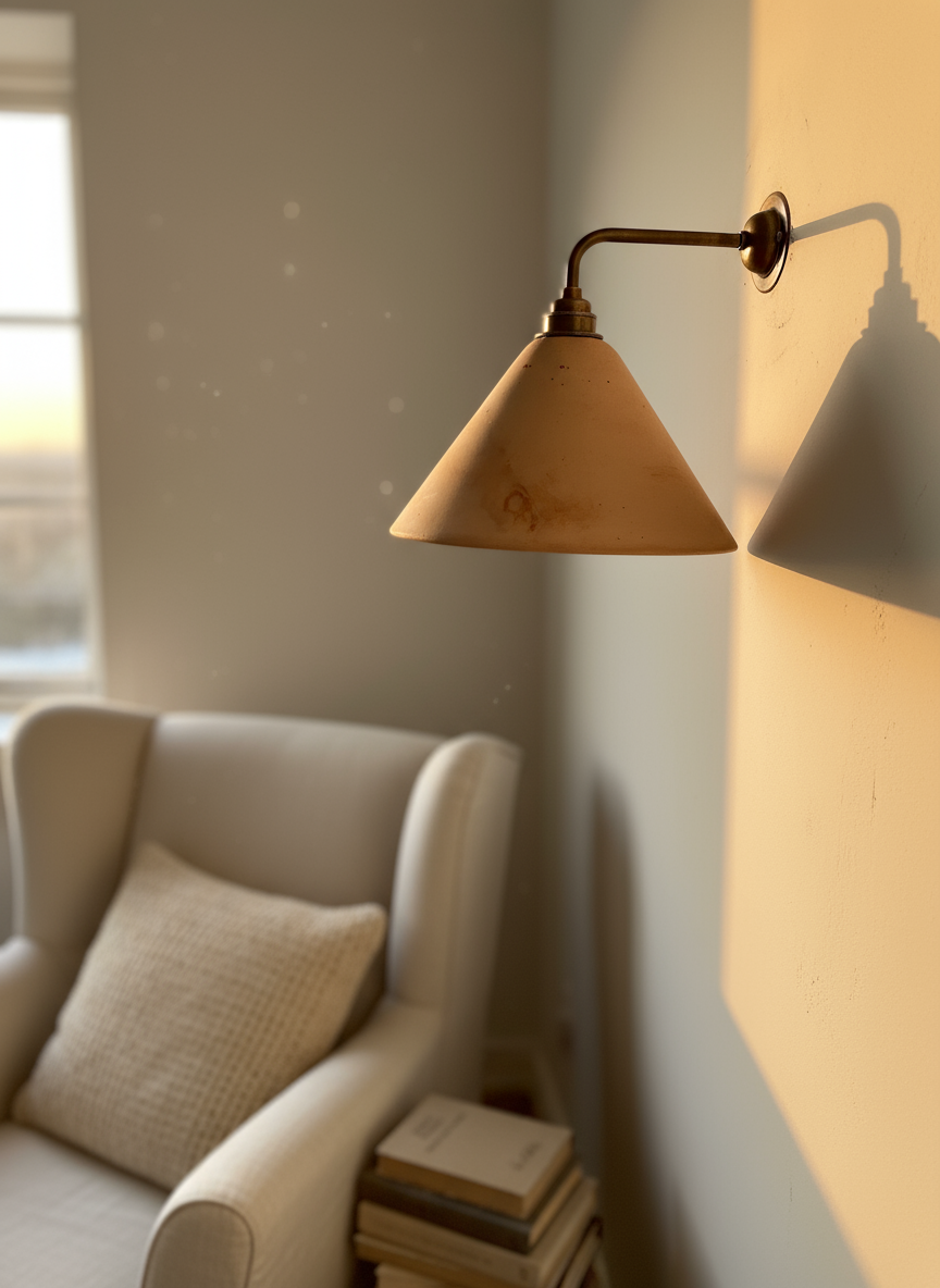 Wall-mounted lamp with a warm glow in a cozy room with a chair and books.
