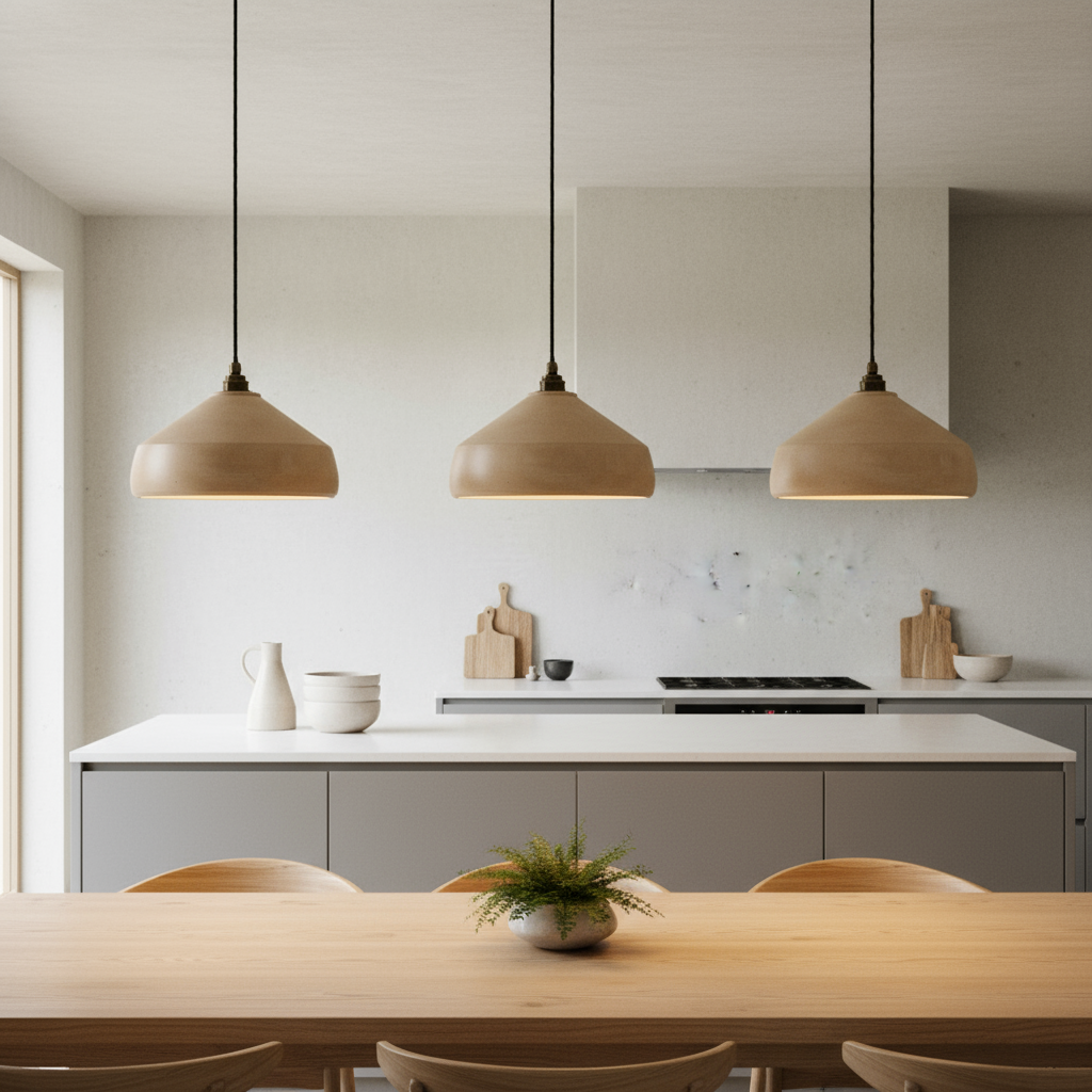 Modern kitchen with conical pendant lights, wooden dining table, and neutral color scheme.