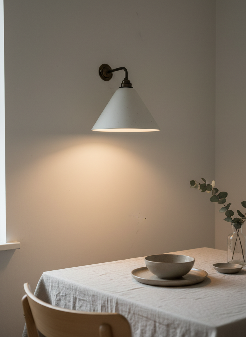 Wall-mounted light fixture casting a warm glow over a dining table with bowls and a plant.