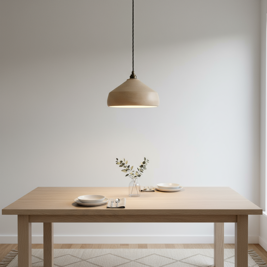 Dining table with a plaster pendant light and minimal decor against a plain wall.