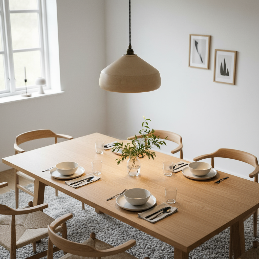 Dining room with a wooden table set for a meal, featuring a modern pendant light and framed pictures on the wall.