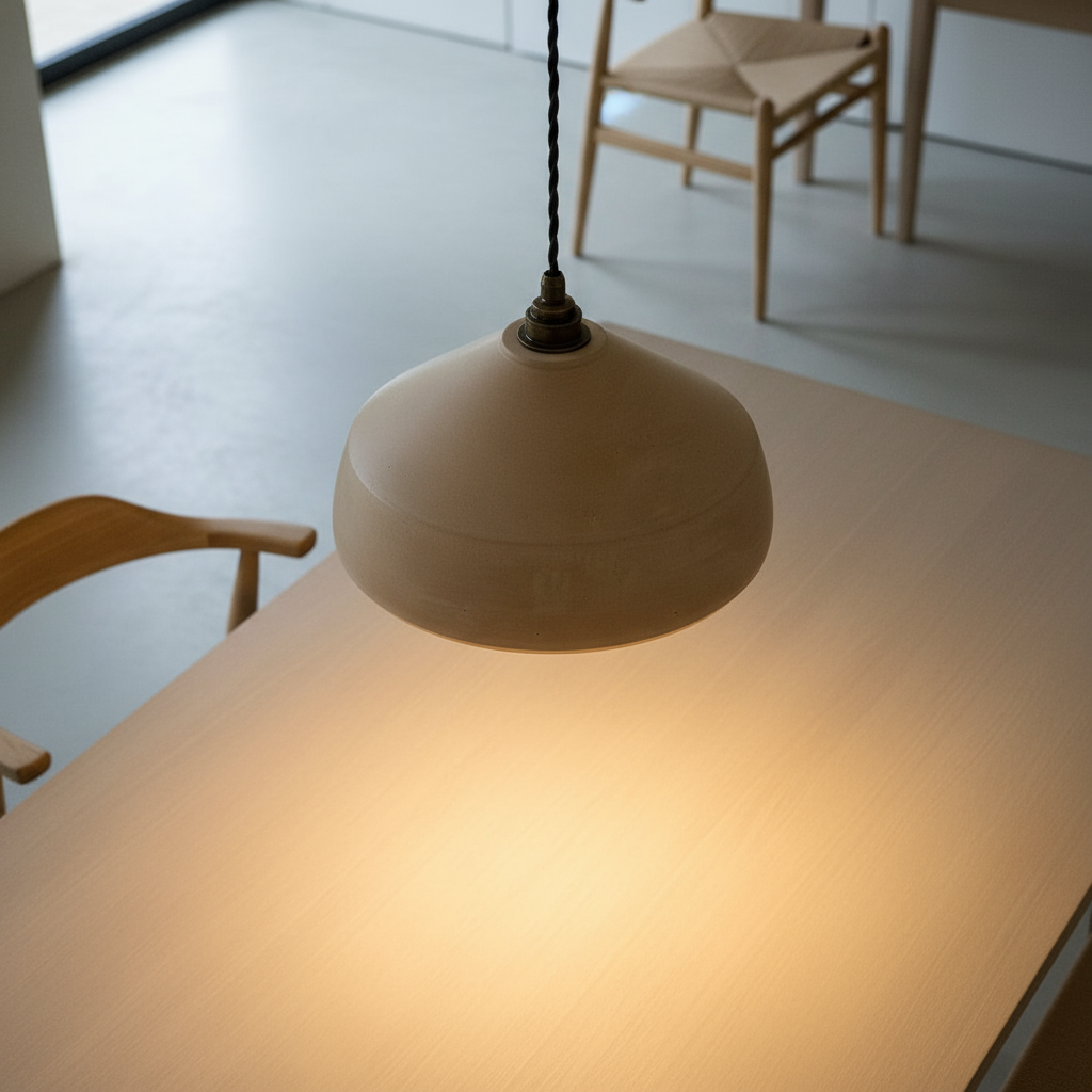Beige pendant light hanging above a table in a room with chairs.