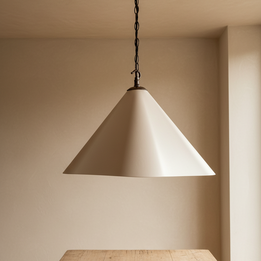 A modern cone-shaped pendant light in a warm off-white finish hangs over a rustic wooden dining table with two matching ceramic bowls in a minimalist beige room.