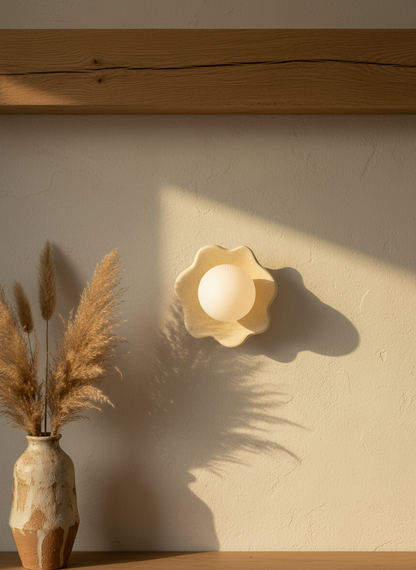 Hand-carved wall light fixture on a beige wall with a vase of dried plants.