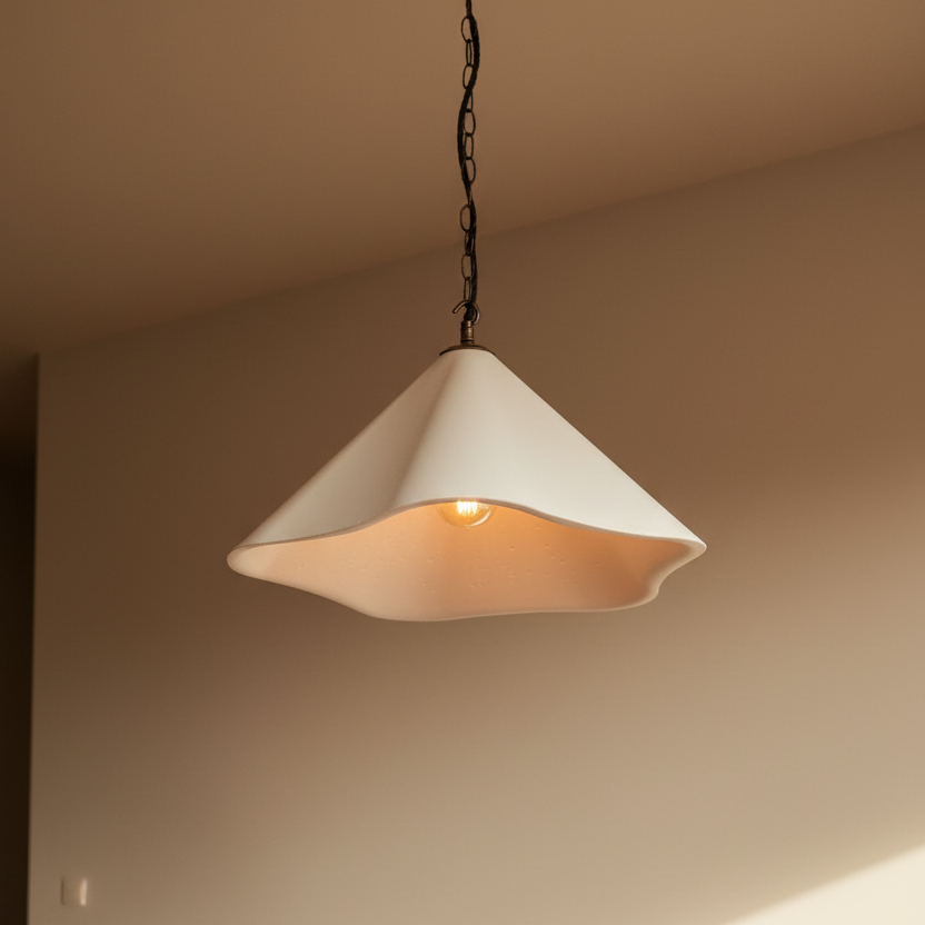 A modern pendant light with a wavy, scalloped white shade hanging over a wooden cabinet in a warm, minimalist room.