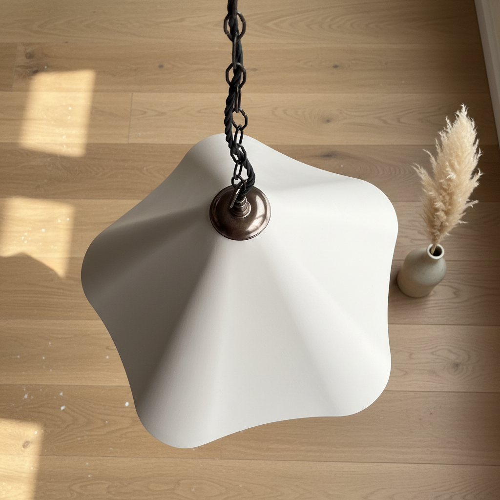 A modern pendant light with a wide, organic-shaped white shade hanging from a black chain and bronze-finished ceiling mount, set against a light wood plank floor with a small vase of pampas grass nearby.