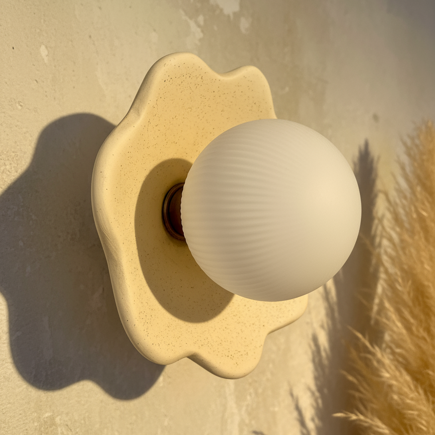 Decorative wall light fixture with a spherical bulb on a textured wall.