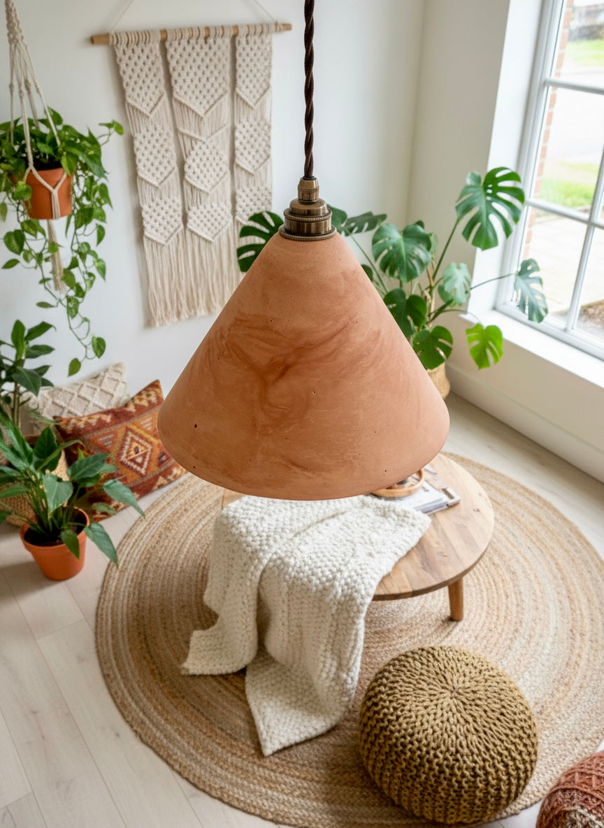 Terra cotta pendant light hanging above a wooden stool with a blanket on a wooden floor in a room with plants and macramé wall hangings.
