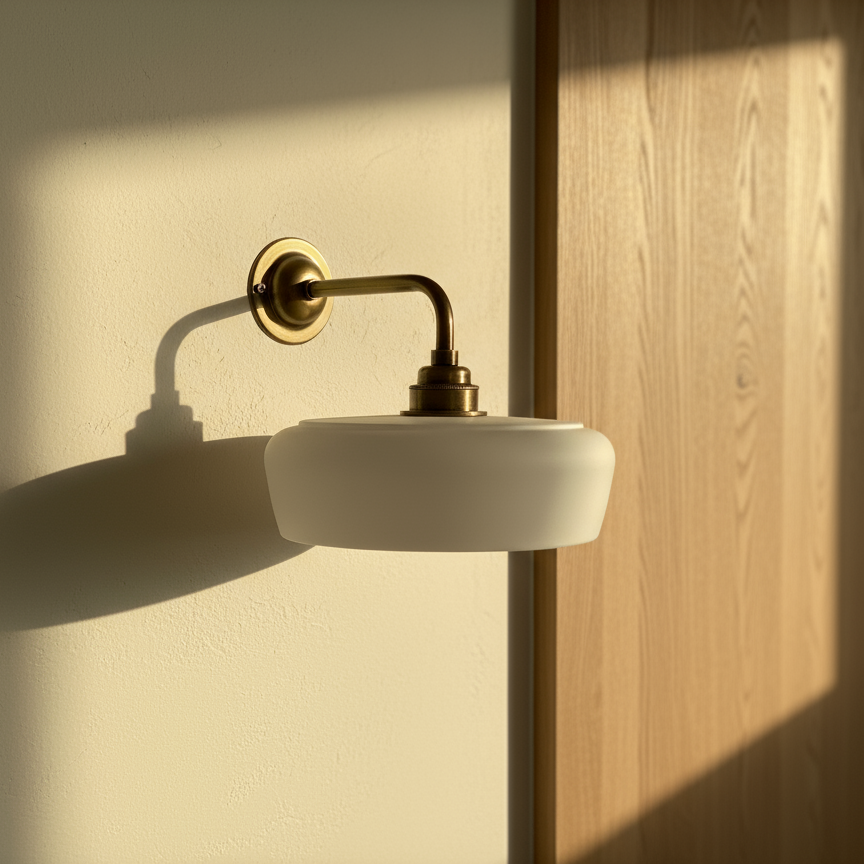 Wall-mounted lamp with white shade and gold fixture casting a shadow on a light-colored wall.