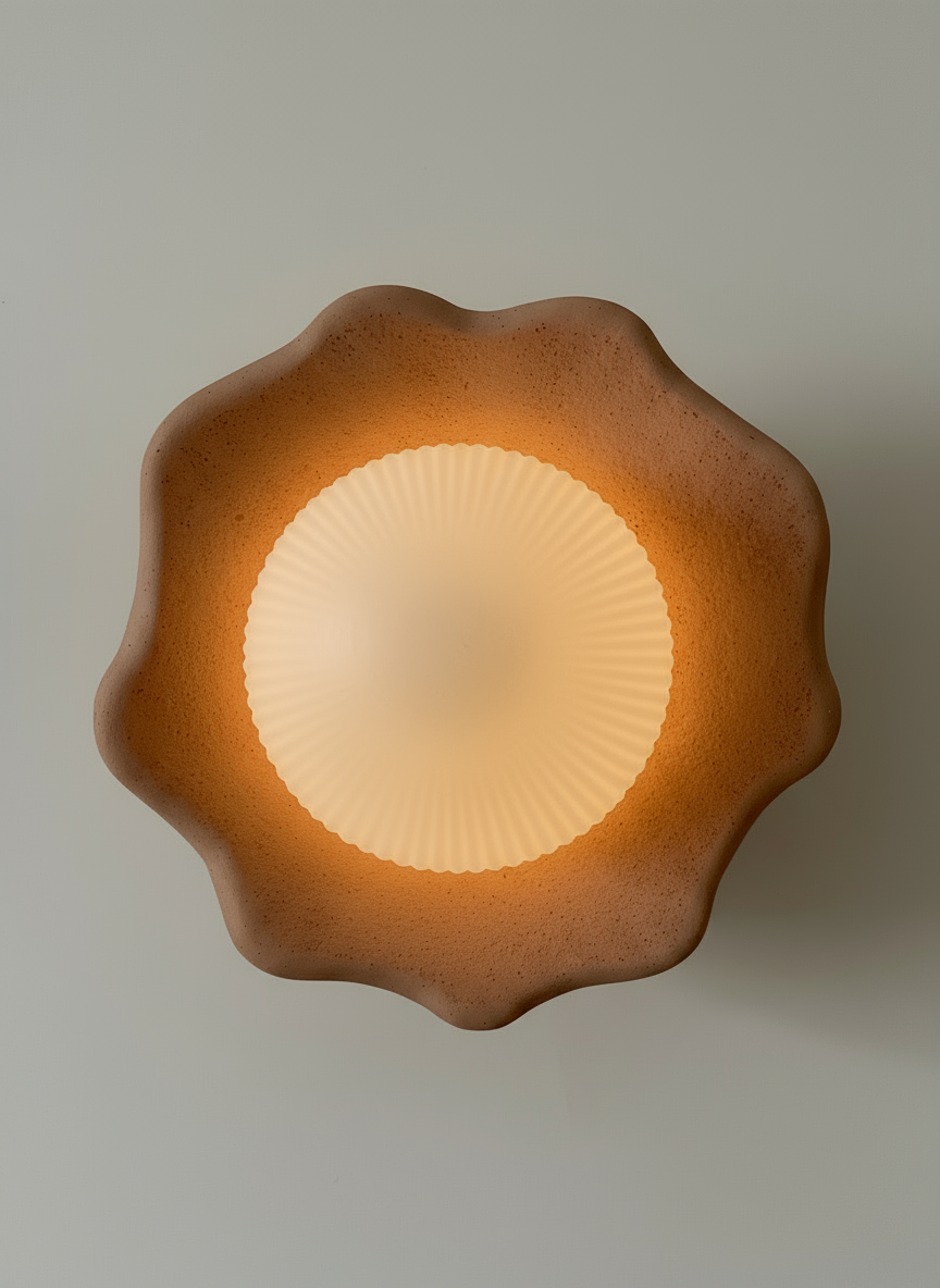 Decorative wall light fixture with a textured brown surface on a plain background