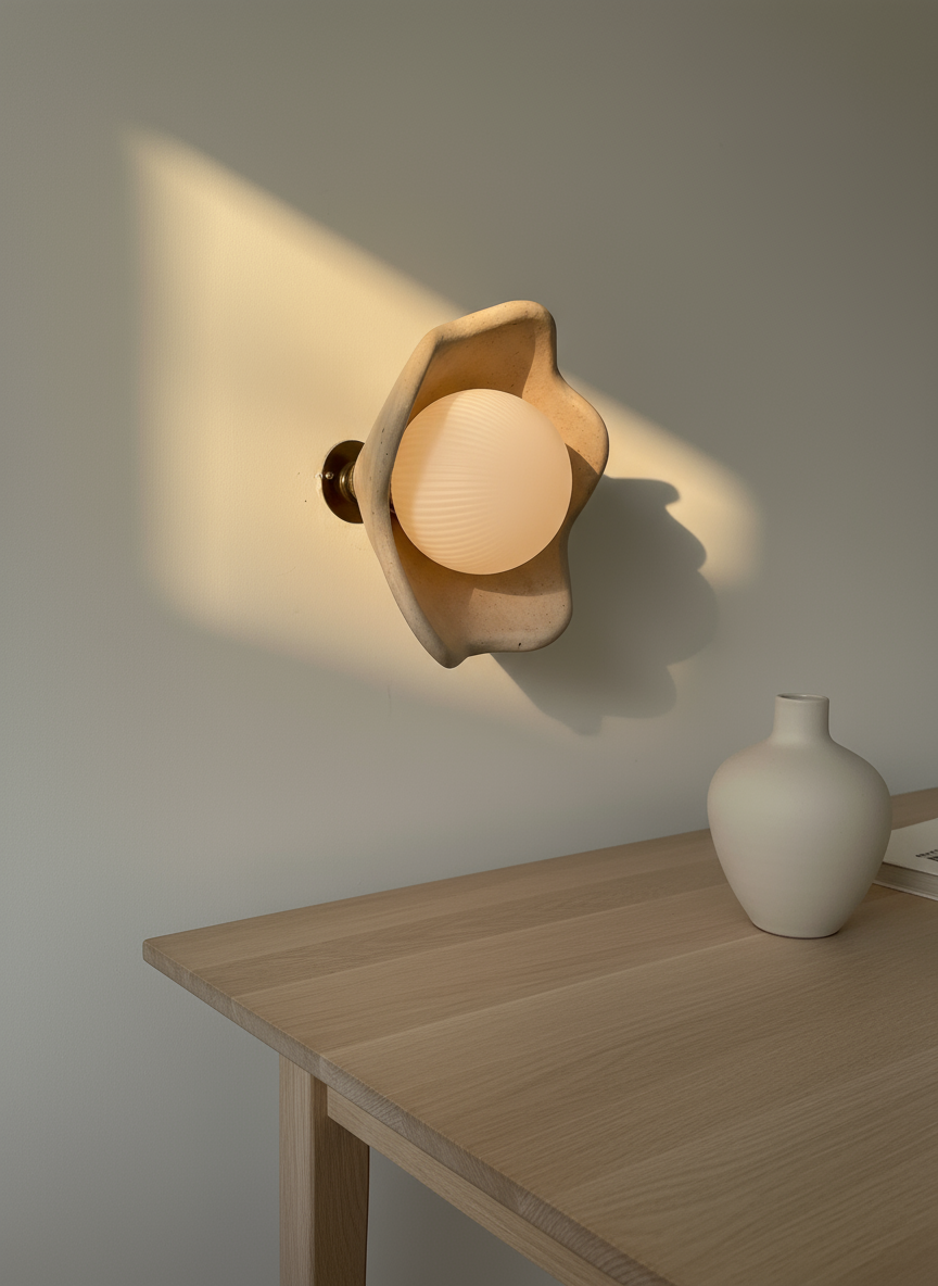 Handcarved plaster wall sconce casting a warm glow on a neutral wall with a wooden table and white vase.