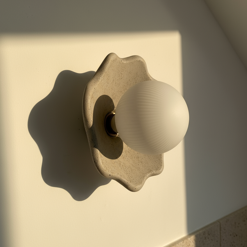Decorative wall light fixture with a spherical bulb on a neutral background