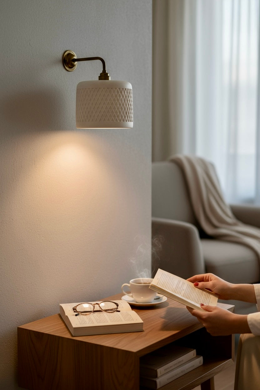 Person reading a book next to a lit candle on a wooden side table with a wall lamp in the background.