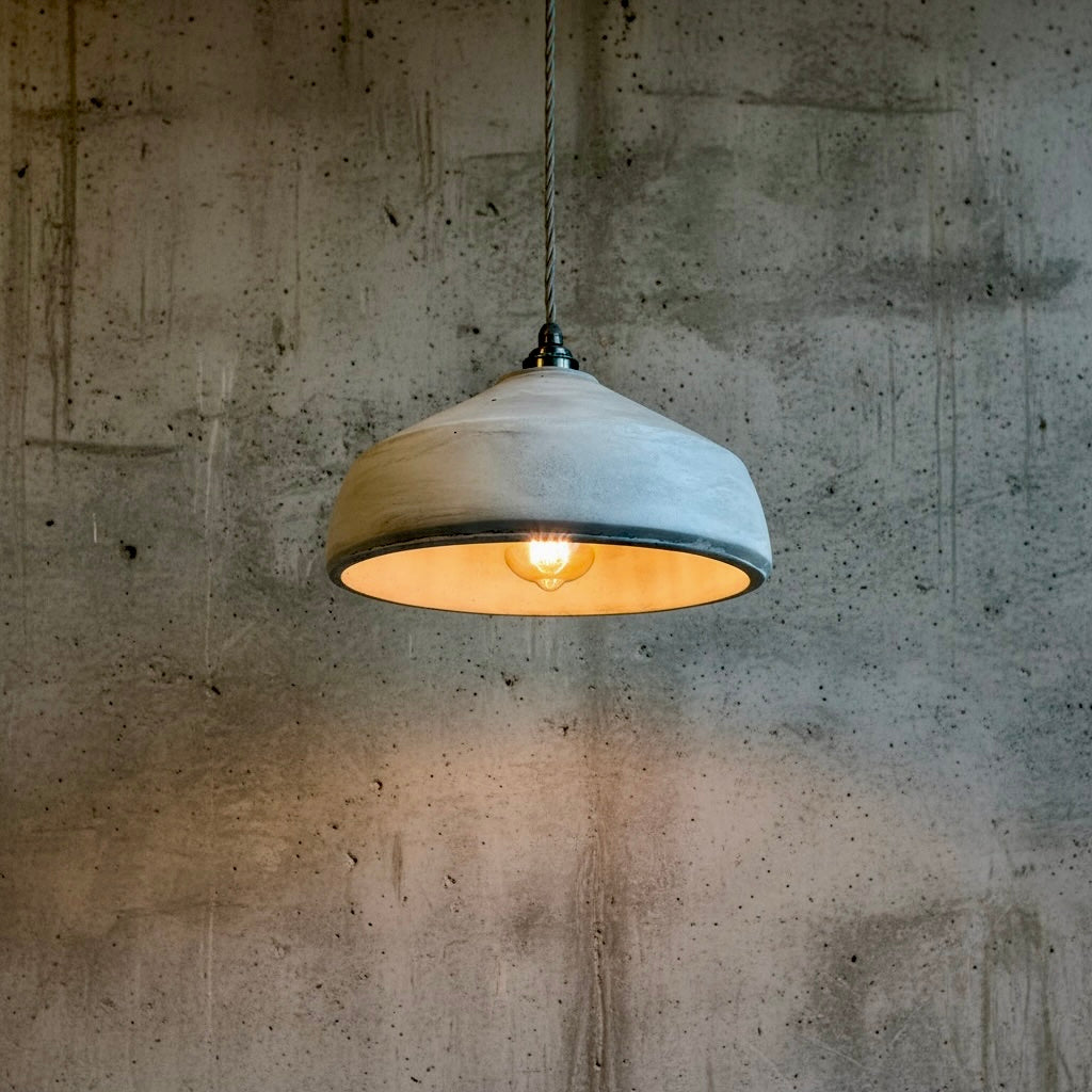 Handmade ceramic pendant light in concrete grey hanging against a textured concrete wall