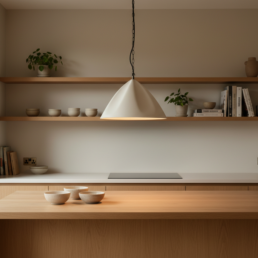 Modern kitchen with wooden island, shelves, and pendant light.