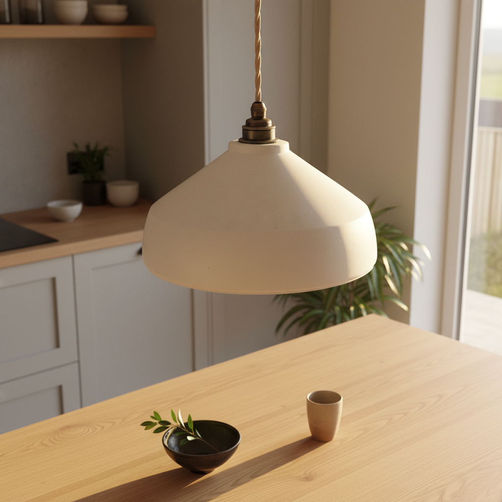 Plaster pendant lamp hanging above a wooden table with a cup and small plant in a kitchen setting.