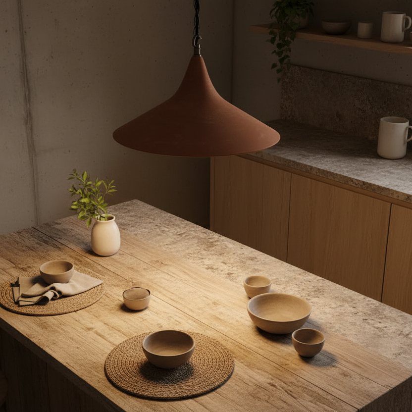 Wooden kitchen island with ceramic bowls and a hanging pendant light in a warm-toned kitchen.