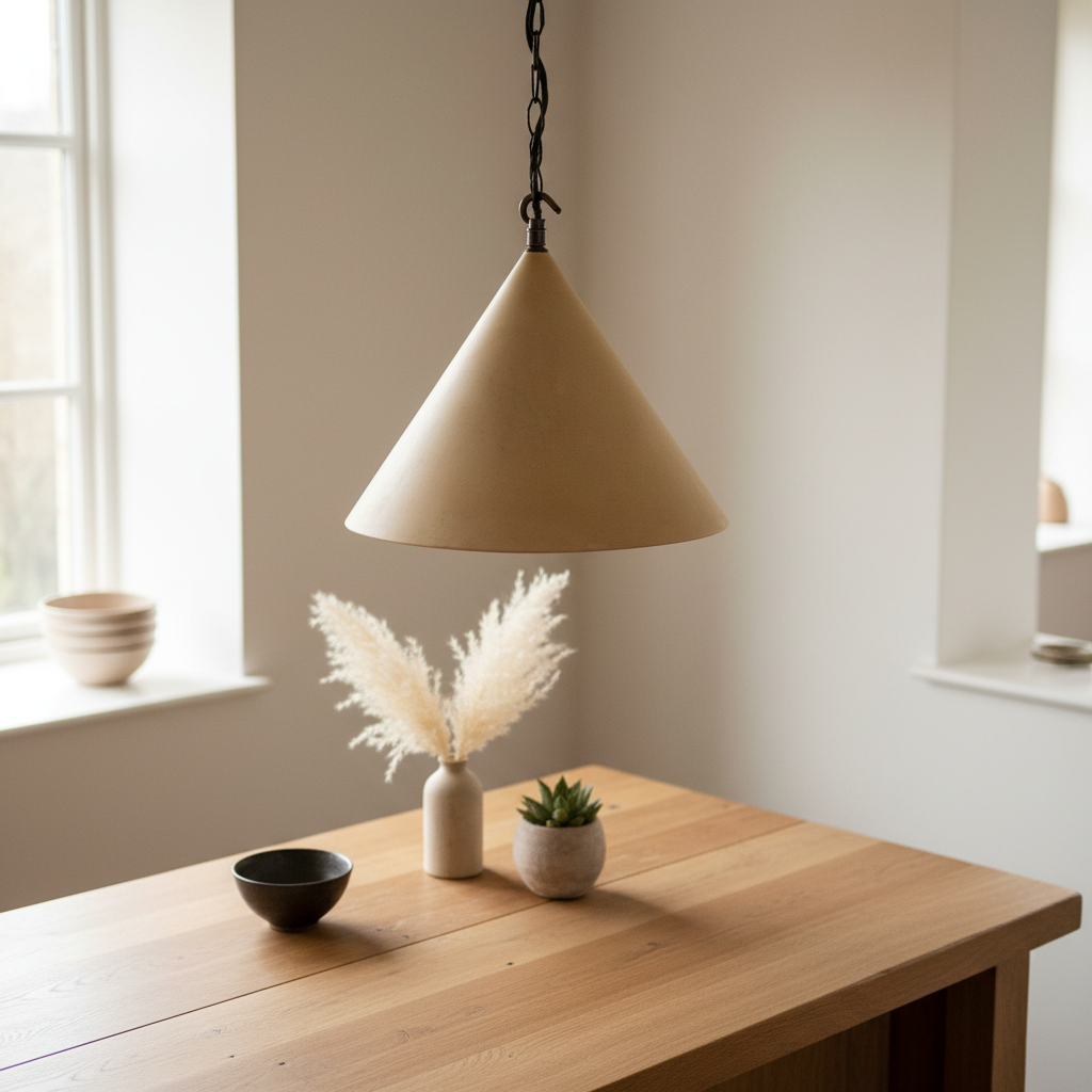 Beige pendant lamp hanging above a wooden table with decorative items.