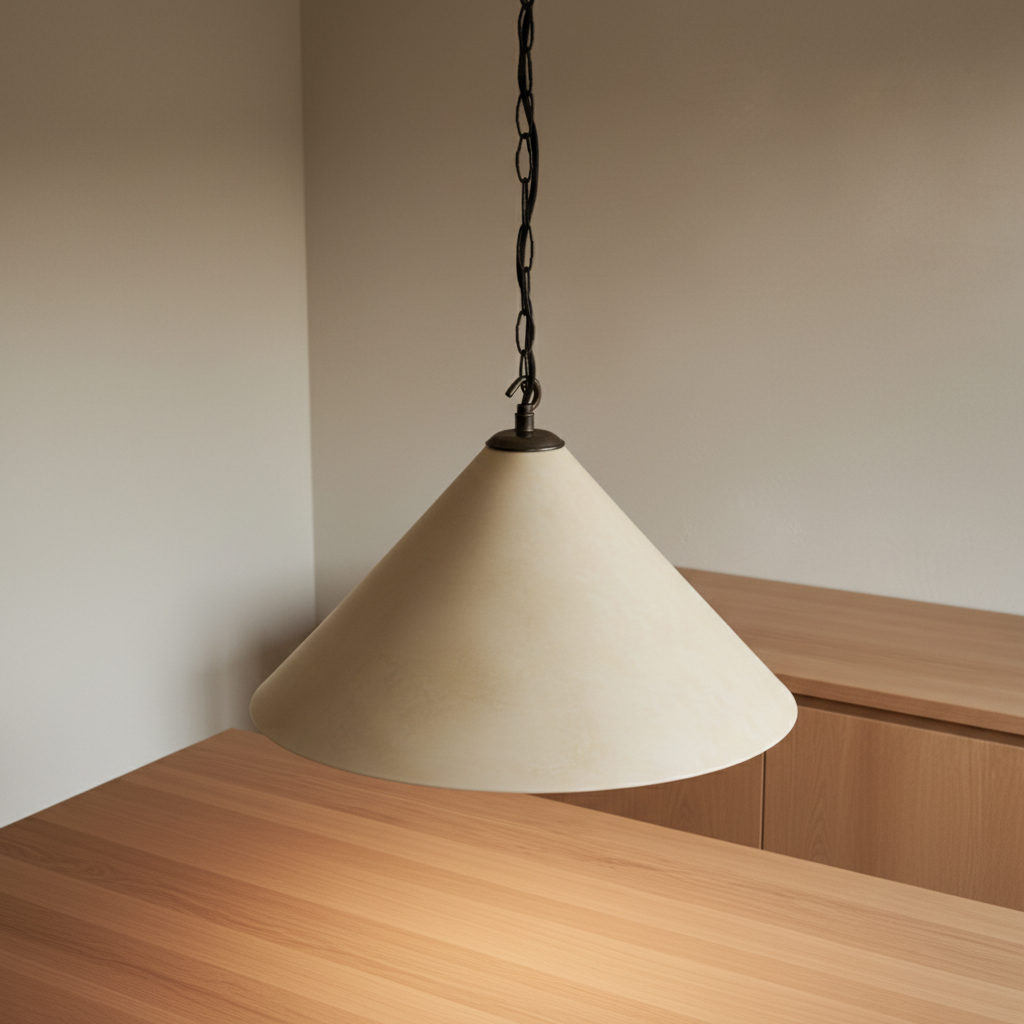 Beige pendant light hanging above a wooden surface with a neutral background