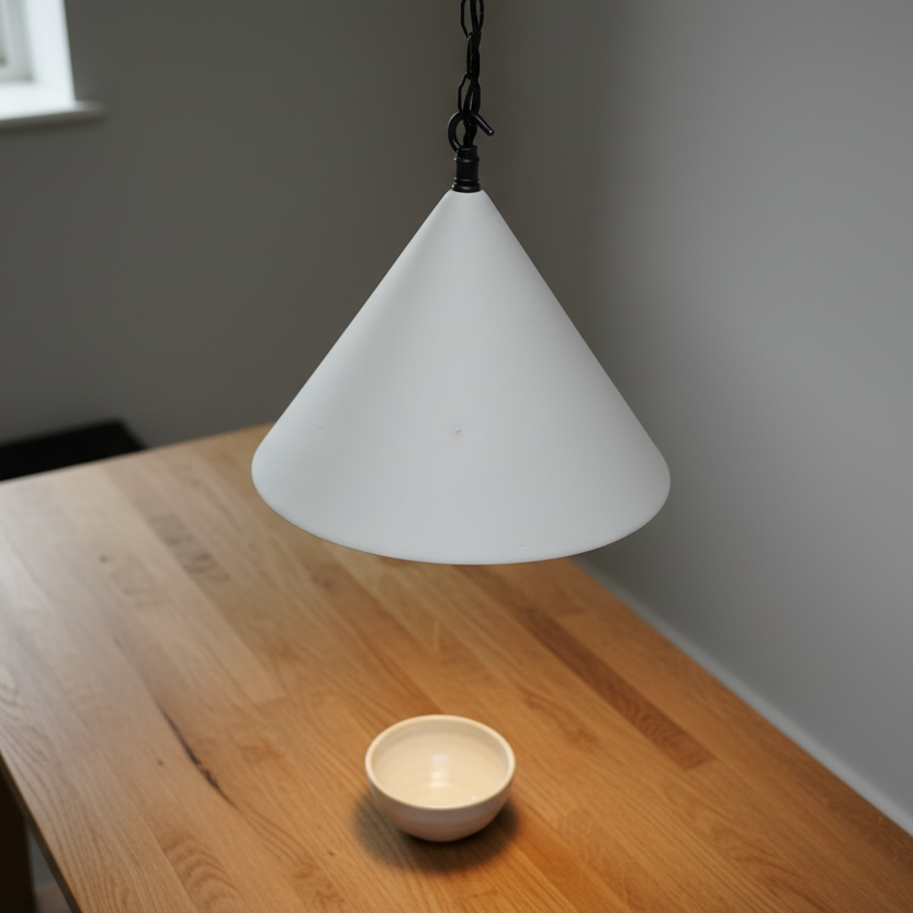 White cone-shaped pendant light hanging above a wooden table with a small bowl.