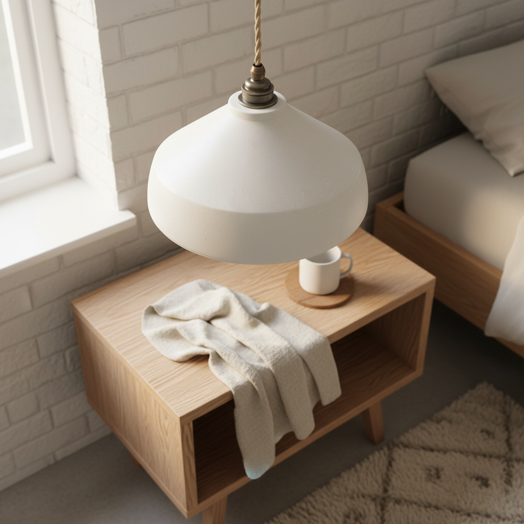Wooden side table with a white lamp, mug, and blanket in a cozy room.