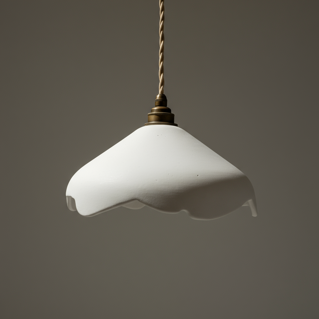 Vintage-style pendant light with white glass shade and brass fixture on a dark background