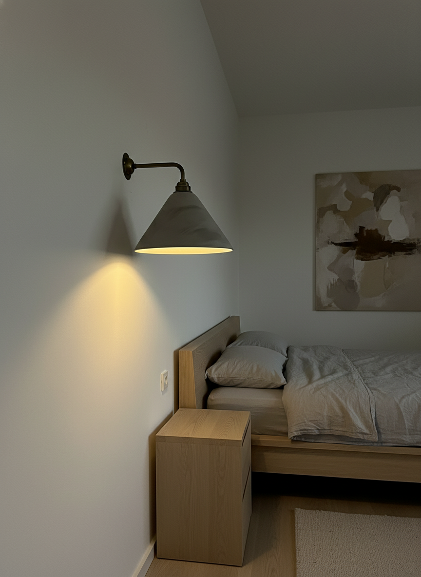 Modern bedroom with a wall-mounted lamp casting light on a bed and nightstand.