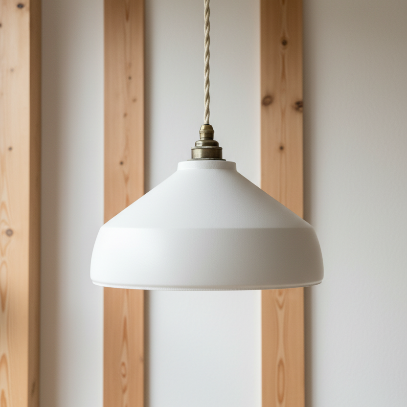 White pendant light with brass fixture against a wooden panel background