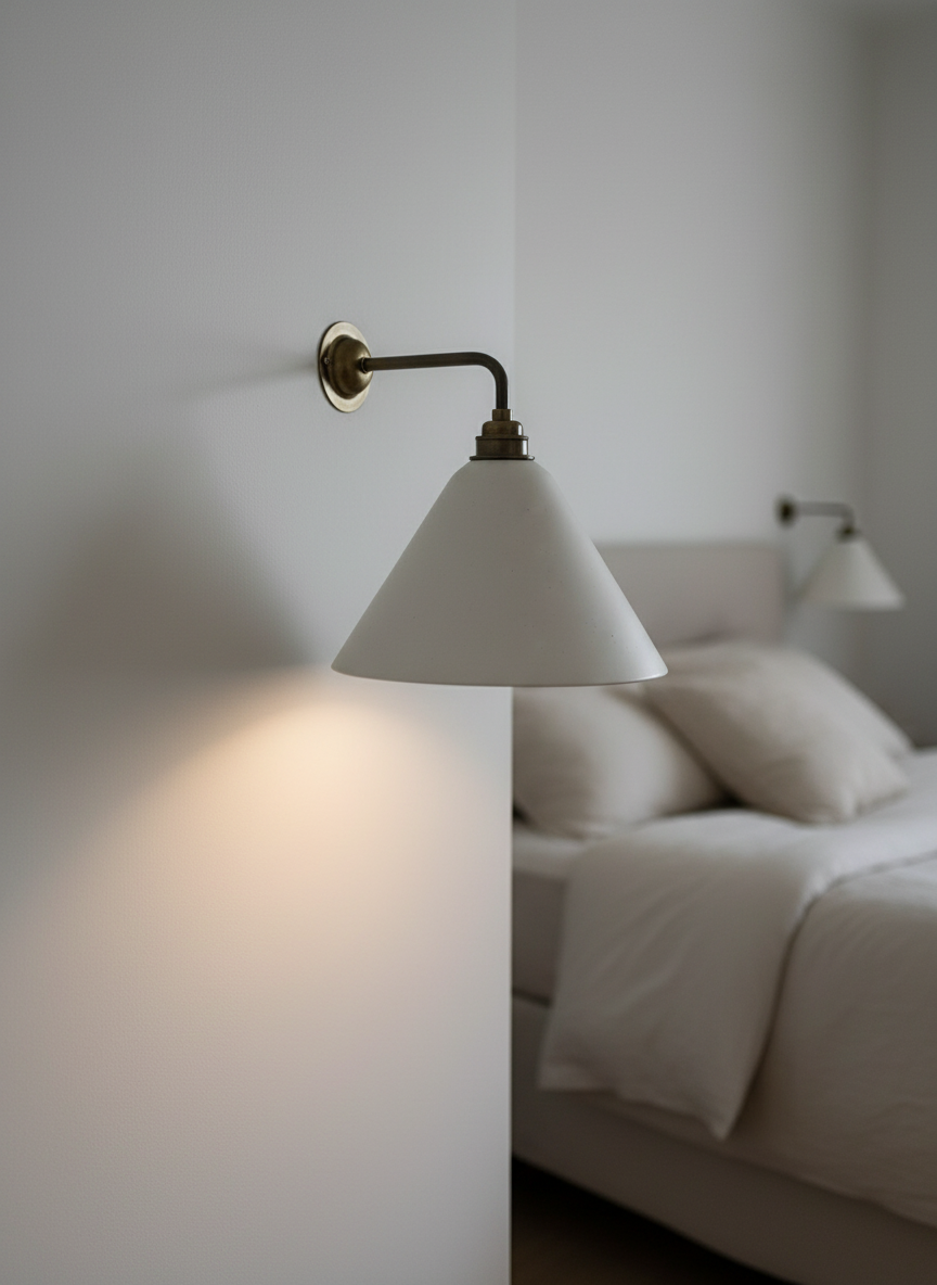 Wall sconce with a white shade in a bedroom setting