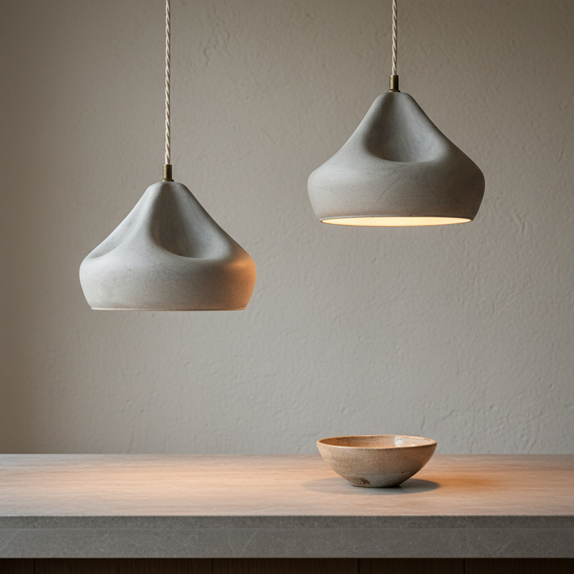 Two hanging pendant lights on a neutral background with a bowl on a table.