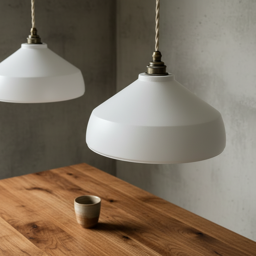 Two white pendant lights hanging above a wooden table with a small ceramic cup.