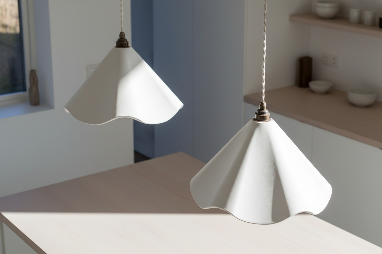 Two white pendant lights hanging above a kitchen counter.