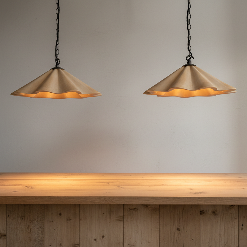 Two pendant lights hanging above a wooden table with a neutral background