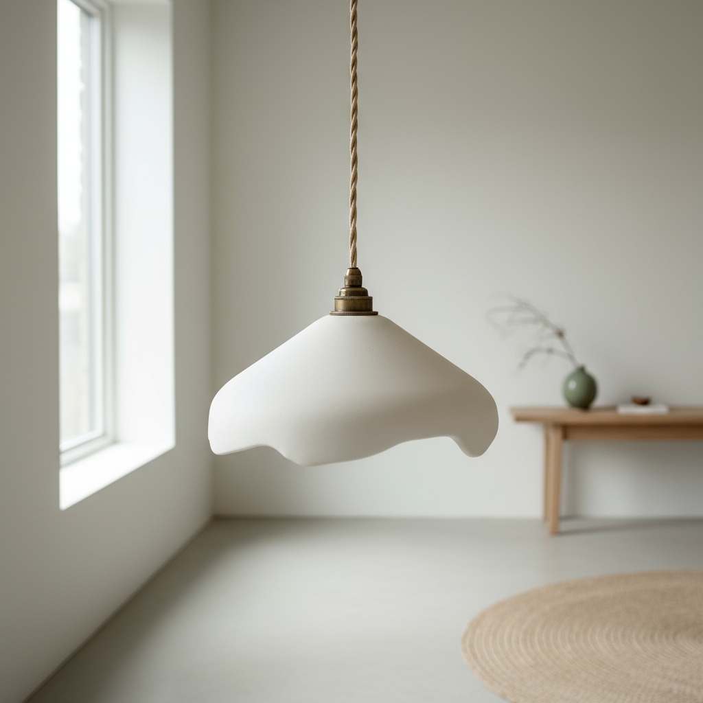 White pendant light hanging in a room with a window and wooden table.
