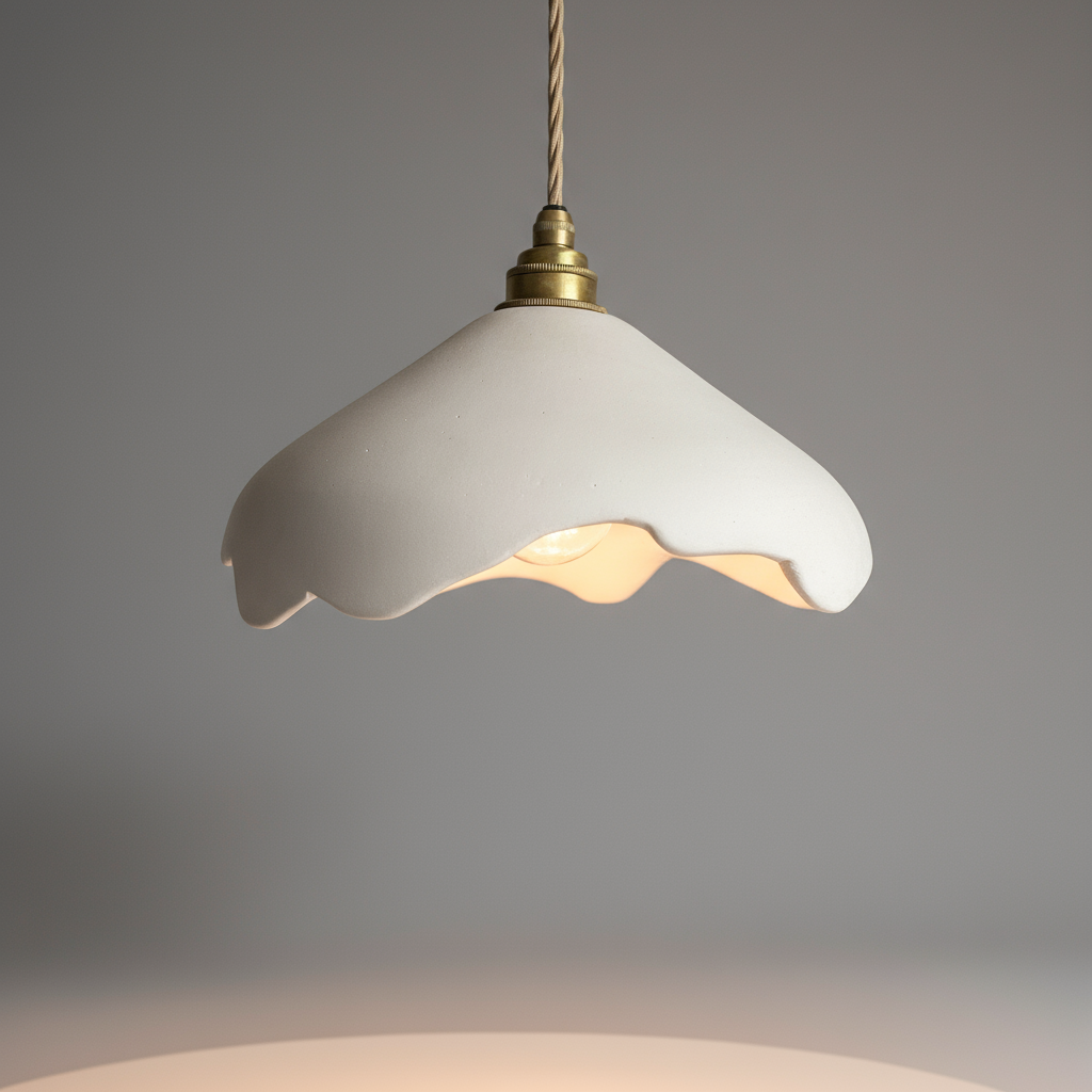 White pendant light with scalloped edge and brass fixture on a gray background
