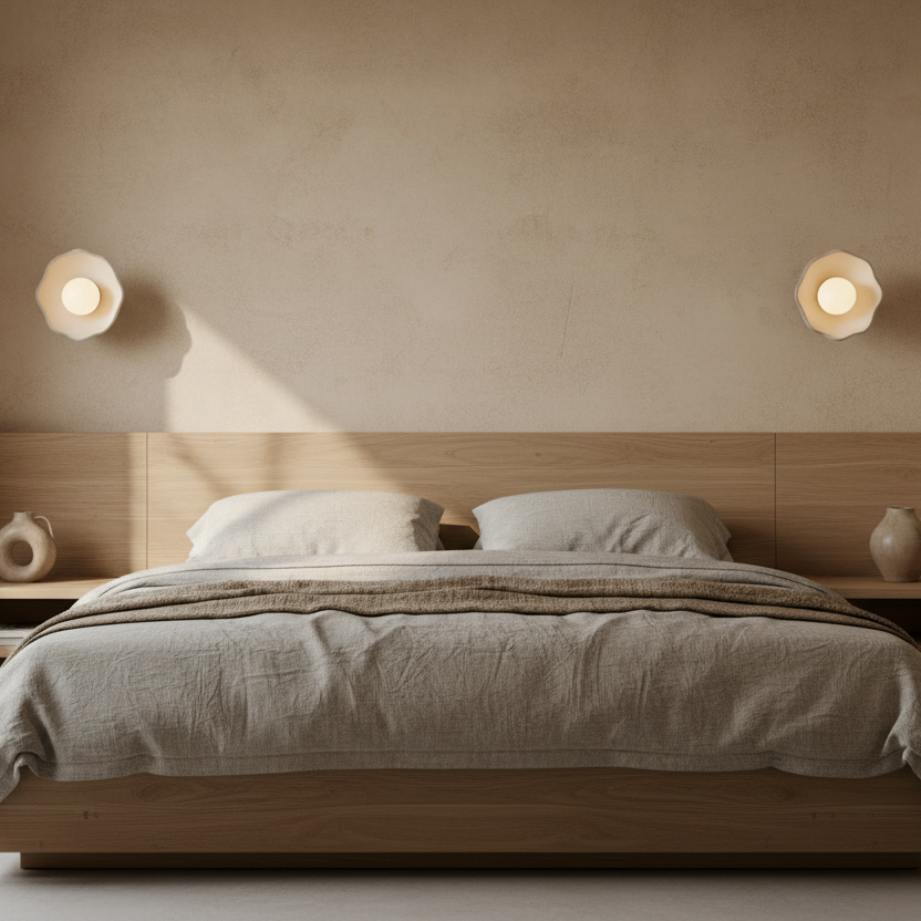 Modern bedroom with wooden bed and minimal decor