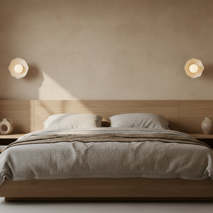 Modern bedroom with wooden bed and minimal decor