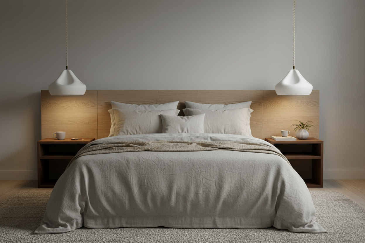 Neatly made bed with beige bedding in a bedroom setting with two pendant lights.