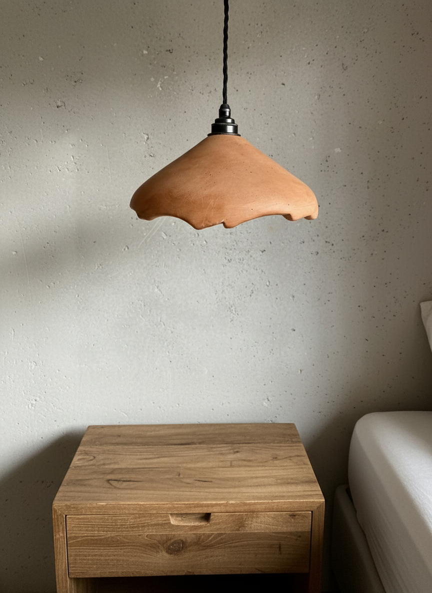 Wooden nightstand with a pendant lamp against a textured wall.