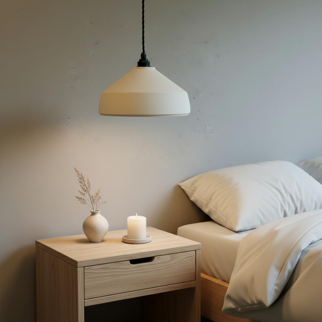 Neatly arranged bedroom with a nightstand, minimalist hanging lamp, and bed.