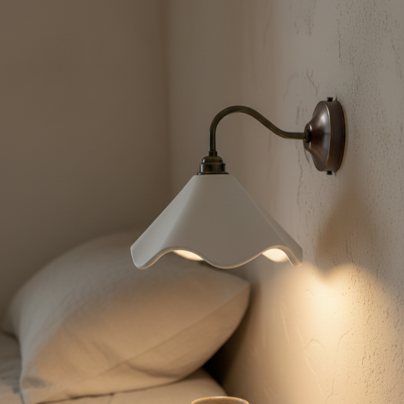 Wall-mounted lamp with a white shade casting light on a bed in a bedroom setting.