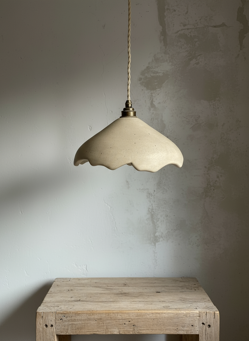 Beige handcrafted pendant lamp hanging above a wooden table against a textured wall.