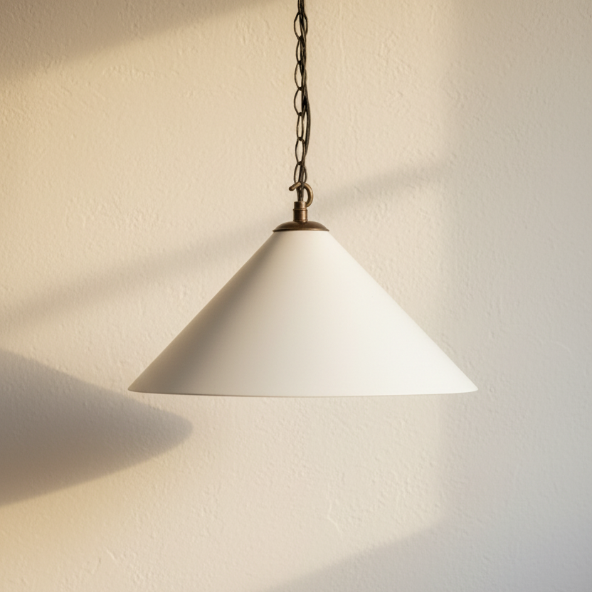Pendant light with white shade and brass chain against a beige wall